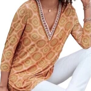 Soft Surroundings Womens Beaded V Neck Boho All Over Print Tunic Blouse Top S